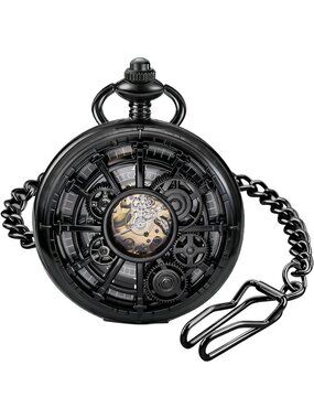 Men's All Black Vintage Style Hollow-Out Gear Arabic Mechanical Pocket Watch